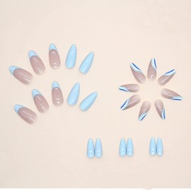 Medium Length Press On Nails, 24 Pieces, Blue Artificial Nails, White Artificial Nails, Silver Glitter Artificial Nails, Full Cover False Nails for Decorations for Women and Girls