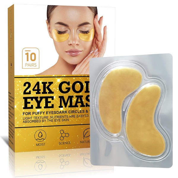 10 Pairs of 24K Gold Collagen Eye Pads, Hyaluronic Acid Eye Mask, Anti-Ageing Against Dark Circles, Puffiness, Reduction of Bags and Smoothing Wrinkles, Brightening the Complexion