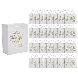 Fun Express 7 1/2" x 3 1/4" x 9" Bulk 48 Pieces Thankful You're Here White with Gold Kraft Gift Bags