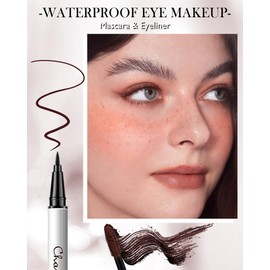 Waterproof Brown Mascara and Eyeliner Pen Set, Smudge-Proof Long-Lasting 4D Colored Mascara Liquid Eyeliner Pencil,Highly Pigmented Lengthening Curling Voluminous Mascara,Colorful Eye Makeup for Women