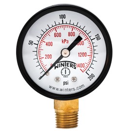 Winters 2 inch Dial Size, Multi Function Economy Utility Dry Pressure Gauge, Brass Internals, Black Steel Case, Dual Scale 0-200 psi/kPa, 3-2-3% Accuracy, 1/4 inch NPT Bottom Mount, Pressure Gauge