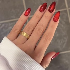 24PCS Press On Nails, Cat' Eyes glue on nails, Short Long Almond Square Coffin Ballet Shape, stick on nails Fake False Nails for Women and Girls (Almond Red, S)