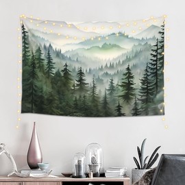 Hulnulnu Coloured Drawing Misty Forest Tapestry, Foggy Tree Wall Hanging Tapestries, Large Tapestry Nature Pine Woodland Wall Art for Bedroom Living Room