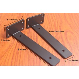 12 Pack - 9 inch Black Hidden L Shelf Bracket (1/5 Inch Thicked) Iron Shelf Brackets, Metal Shelf Bracket, Industrial Shelf Bracket, Modern Shelf Bracket, Metal L Brackets for Shelves Support