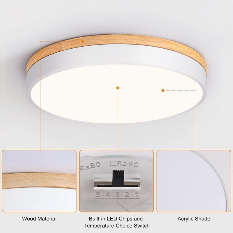 Yiisem Dimmable Wood LED Flush Mount Ceiling Light, 5CCT 2700K-6000K