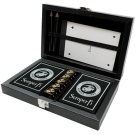 Military Gift Shop Marine Corps Playing Cards and Dice Set – Black Leather Keepsake Box, Playing Cards with USMC Rank Insignia, EGA Dice