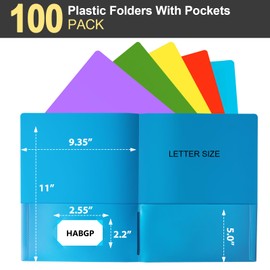 HABGP 100 Folders with Pockets, 5 Color Heavy Duty Plastic Two Pocket Folder with Business Card Holder for Office High School Business Resume