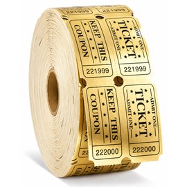 1000 Golden Raffle Tickets, Double Roll, 500 Pairs, Metallic Foil, for Events, Fundraisers, Classroom Rewards and Prizes