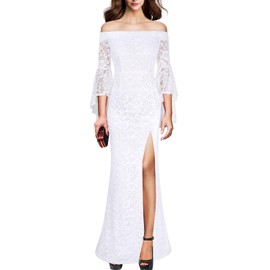 VFSHOW Womens Off-White Floral Lace Off Shoulder Ruffle Bell Sleeve High Slit Formal Evening Wedding Prom Party Maxi Long Dress 002 WHT XL