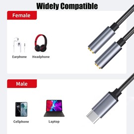 tunghey USB C to Dual 3.5mm Female Headphone Splitter, Type C to AUX TRRS 2-in-1 Audio Adapter with Hi-Res DAC Chip, for USB-C Smartphone, Laptop, Pad to Two Headphones, Speakers, TRRS Microphones