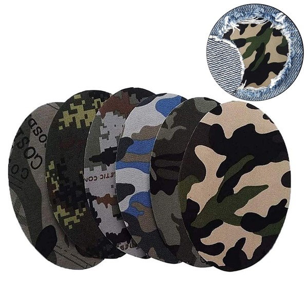 12 Pieces Iron-On Patches Oval Shape Camouflage Fabric, 6 Colours Iron-On Round Patch Make Crafts Clothes Patches Repair Accessory Kit