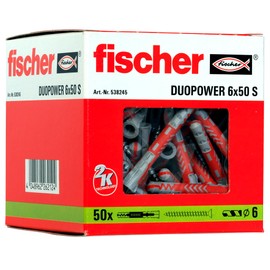 Fischer Duopower 6 x 50 S, Universal Dowels with Safety Screw, 2-Component Dowels, Plastic Dowels for Mounting in Concrete, Bricks, Stone, Plasterboard and much more, 50 Dowels + 50 Screws