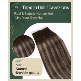 Ugeat 22 Inch Tape in Human Hair Extensions Balayage Tape in Hair Extensions Human Hair Dark Brown Mix Ash Brown Ombre Seamless Easy to Wear for Women 20Pcs 50G