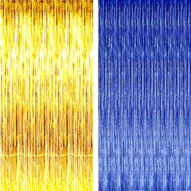 AILEXI 2 x 92 cm x 245 cm party supplies foil fringe shimmer curtains, door window decorations streamer or wall backdrop tinsels - dark blue gold