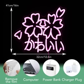 JLEWUINH Kawaii かわいいLed Neon Light Sign Japanese Cherry Blossoms Light Up Wall Decor Sign Girls' Room Decoration Birthday Party Christmas Neon Sakura Light (Pink)