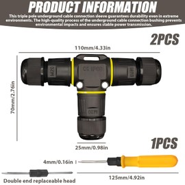 2 x Waterproof IP68 Cable Connectors: GOEDCH 3-Pin Earth Cable Connection Sleeve, T-Shape Junction Box, Terminal Box, Cable Connector, Connection Sleeve Earth Cable for Diameter 5-12 mm Cable Diameter