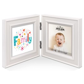Double 4x4 Wood Photo Frame, Hinged Picture Frames, with Glass Front, Fit for Stands Vertically on Desk Table Top or Wall Hanging (Window 3.5 x 3.5 Picture, White Color)