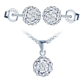CPSLOVE Necklace Chains and Earrings for Women Girls, 925 Silver Jewellery Sets, Shambhala Crystal Necklace Pendant with 45 cm Chain, Shambhala Crystal Ball Earrings Stud Earrings, Zircon, Silver,
