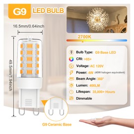 Chinnor G9 LED Bulb Dimmable, Warm White 2700K, 4W G9 Light Bulbs, 40W T4 Halogen Equivalent, Bi Pin Base G9 Chandelier Lighting, No-Flicker 360°Beam Angle, 120V 450LM, 10 Pack