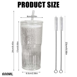 2 x 600 ml ribbed glass cups with lid and straw, thick-walled and robust smoothie cups with straw, airtight and waterproof drinking glasses, coffee glasses, cappuccino cups