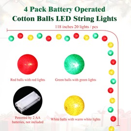 VIHOSE 4 Pack Christmas Globe String Lights 10ft 20 LED Decorative Christmas Lights Indoor Cotton Ball Lights Battery Operated Fairy Lights for Bedroom Window Tree Garland(Red,White,Green)
