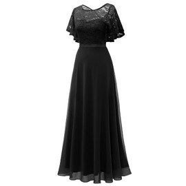 DRESSTELLS Women's Lace Chiffon Wedding Guest Bridesmaid Dress Elegant V-Back Formal Evening Gown for Weddings, Prom, Funeral, Black L