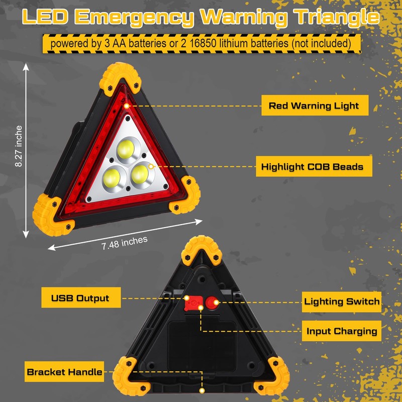 Huquary LED Emergency Warning Triangle, Rechargeable Portable Flashing LED Warning
