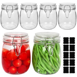 Betrome 25 oz 6 Pack Clear Glass Jars With Airtight Lids and Leak Proof Rubber Gasket, 750ml Wide Mouth Storage Containers Preserving Jars, Mason Jars With Hinged Lids For Kitchen Storage Canisters