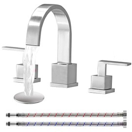 KINGO HOME 3 Hole Widespread Brushed Nickel Bathroom Faucet,Modern Waterfall 8 inch 2 Handle Bathroom Sink Faucet Vanity Bathroom Faucet for Sink 3 Hole with Pop Up Drain and Water Supply Lines