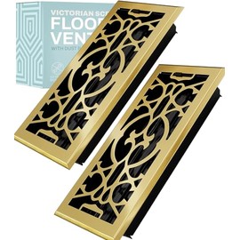 Home Intuition Victorian Floor Vent Cover 4X14 Inch Floor Register with Mesh Cover Trap Heat and Air Walkable Metal Floor Vent for HVAC Duct, Polished Brass