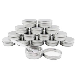 Wopanxye 15 Pack 15g Travel Size Metal Round Tins, 15ml Silver Aluminum Tin Cans Containers with Screw Lid for Makeup Samples, Nails, Lip Gloss Balm, Salve, Spices, Candy, Candle, Tea, FREE Spatulas