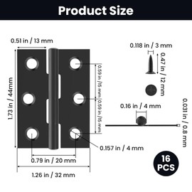 ZIUZI 16 Pcs Small Stainless Steel Door Hinges, 2 inch Window Folding Hings, Home Furniture Hardware with 96 Screws (Black)