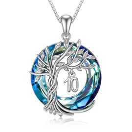TOUPOP 10th Birthday Gifts for Women 925 Sterling Silver 10 Year Old Necklace Pendant 10th Tree of Life Crystal Jewelry Anniversary Christmas Gift for Her Daughter