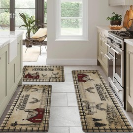 CHICNOOK Farmhouse Kitchen Rugs Anti Fatigue 3 Piece, Washable Non-Skid Kitchen Mat, Farmhouse Rooster Kitchen Floor Mat, PVC Cushioned Kitchen Floor Mats, Size 18'' x 30''+18" x 48"+18" x 60"