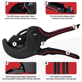 PVC Pipe Cutter Tool, Heavy-Duty PVC Pipe Cutter 3 Inch, 75mm Plastic Pipe Cutter with SK5 Blade and Aluminum Alloy Body, Ratcheting Pipe Cutter and PVC Cutters for PEX, PPR, Hoses and Plumbing Pipes