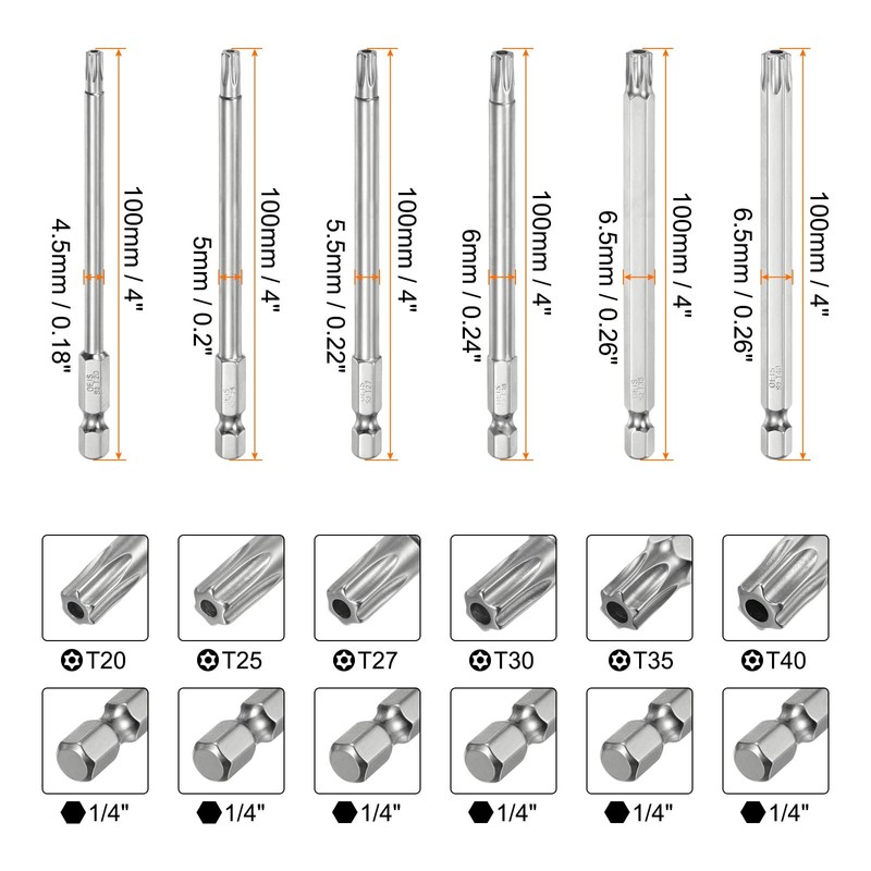 HARFINGTON 12pcs T6-T40 Security Torx Bit 1/4" Hex Shank 4"