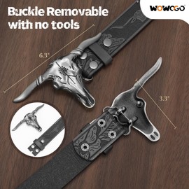 WOWOGO Cowboy Western Belt for Men Women, Cowgirl Country Floral Engraved Leather Belts with Longhorn Bull Skull Buckle