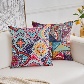 Outdoor Throw Pillow Covers 45 x 45cm Decorative Pillowcases Farmhouse Square Linen Cushion Covers Mandala Boho for Sofa Livingroom Garden Patio 4 Pack