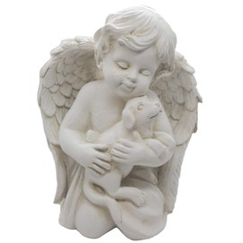 KiaoTime Angel with Dog Statue Pet Dog Memorial Statue Indoor Outdoor Home Garden Guardian Rememberance Dog Puppy Figurine, 7-in