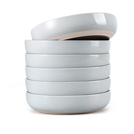 LIANYU Pasta Salad Bowls Set of 6, 33oz Large Round Serving Bowls, Wide and Shallow Stoneware Plates for Pasta, Noodle, Fruit, Oven and Dishwasher Safe, Glacier Gray