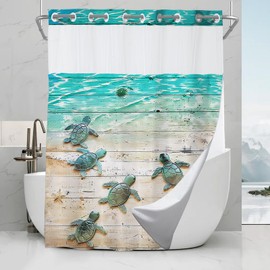 Final Friday Nautical Green Beach Sea Turtle Theme No Hook Waffle Weave Shower Curtain with Snap in Liner Nautical Blue Bathroom Ocean Set 72 W x 74 H Inch Blue