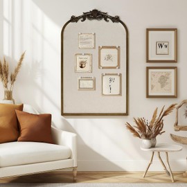 CASOLLY Arch Fabric Pinboard, Antique Gold Bulletin Boards 19"x31", Vintage Cork Board with Ornate Iron Frame for Wall Unique Display, Organization and Decor Options