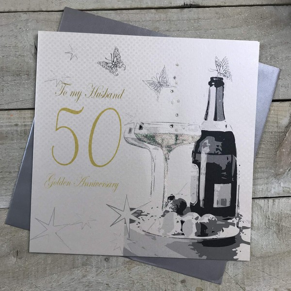 WHITE COTTON CARDS to My Husband Golden Wedding, Large Handmade 50th Anniversary Card (Champagne & Chocolates)