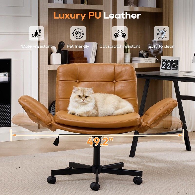 Criss Cross Office Chair with Flip Armrests, PU Leather, Brown