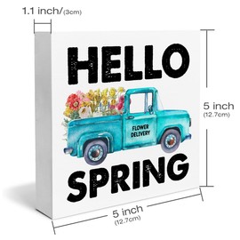 Spring Decor Farmhouse Hello Spring Flower Truck Wood Box Sign Spring Decorations Rustic Home Desk Shelf Tabletop Decor 5 x 5 Inches