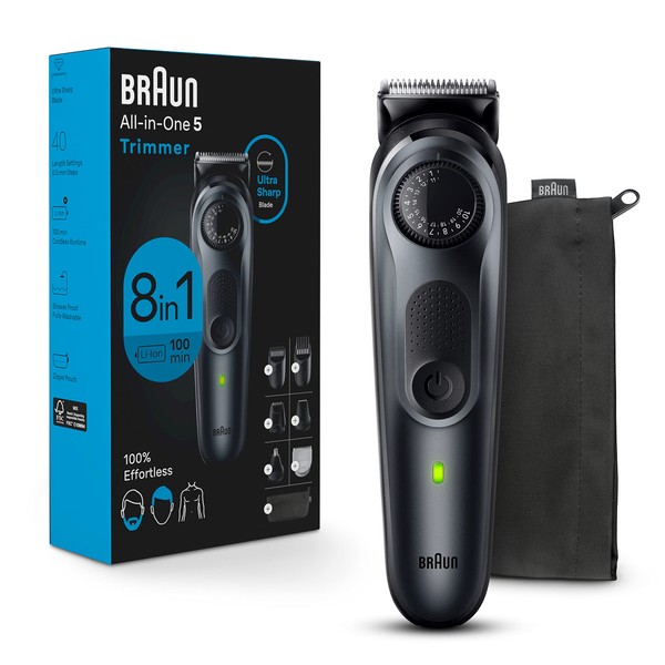 Braun All-in-One Style Kit Series 5 5480, 8-in-1 Trimmer for Men with Beard Trimmer, Body Trimmer for Manscaping, Hair Clippers & More, Ultra-Sharp Blade, 40 Length Settings, Waterproof