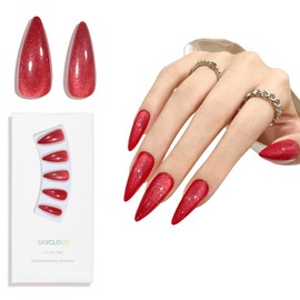 Dark Red Almond Cat Eyes Press On Nails,12 Sizes - 24 Pcs Soft Gel Red Medium Fake Nails Kit with Nail Glue, Natural Reusable Stick On False Nails for Women and Girls SK1009