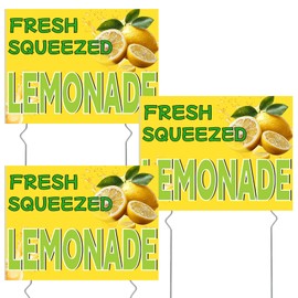 3 Pcs Lemonade Sign,12" x 16'' Fresh Squeezed Lemonade Yard Lawn Sign with Steel Stakes Double Sided Lemonade Stand Birthday Party Decorations for Lemonade Stand Supplies Store Home Outdoor