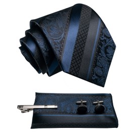 JEMYGINS Striped Luxury Necktie with Clip, Cufflinks and Pocket Square, Gift for Business, Job Hunting, Wedding, School Entrance Ceremonies, Graduations, After-Parties, Father's Day, Gift Box Included, navy, M