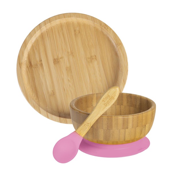 Tiny Dining Children's Bamboo Suction Round Dinner Set - Natural Fibre Baby Toddler Stay Put Segmented Feeding Dish - Pink